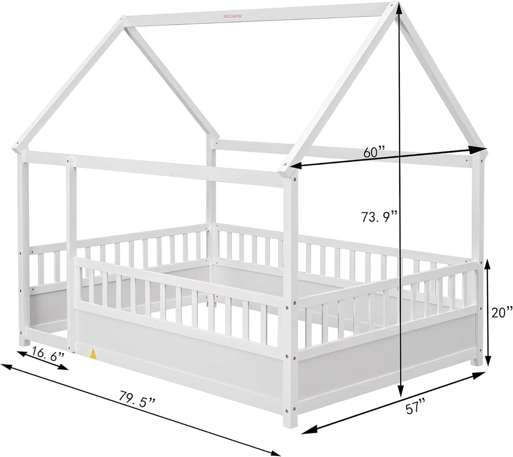 Bellemave Montessori Bed Full Size, Full Floor Bed with High Fence, House Beds for Kids, Girls, Boys, Easy Assemble Montessori Floor Beds, White
