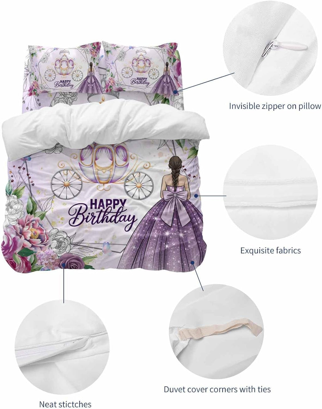 Happy Birthday Duvet Cover Full Size - 4 Pieces Bedding Set, Purple Luxury Dress Crown Carriage Flowers Bedding Comforter Covers Zipper Closure, 1 Duvet Covers 1 Fitted Sheet 2 Pillow Shams