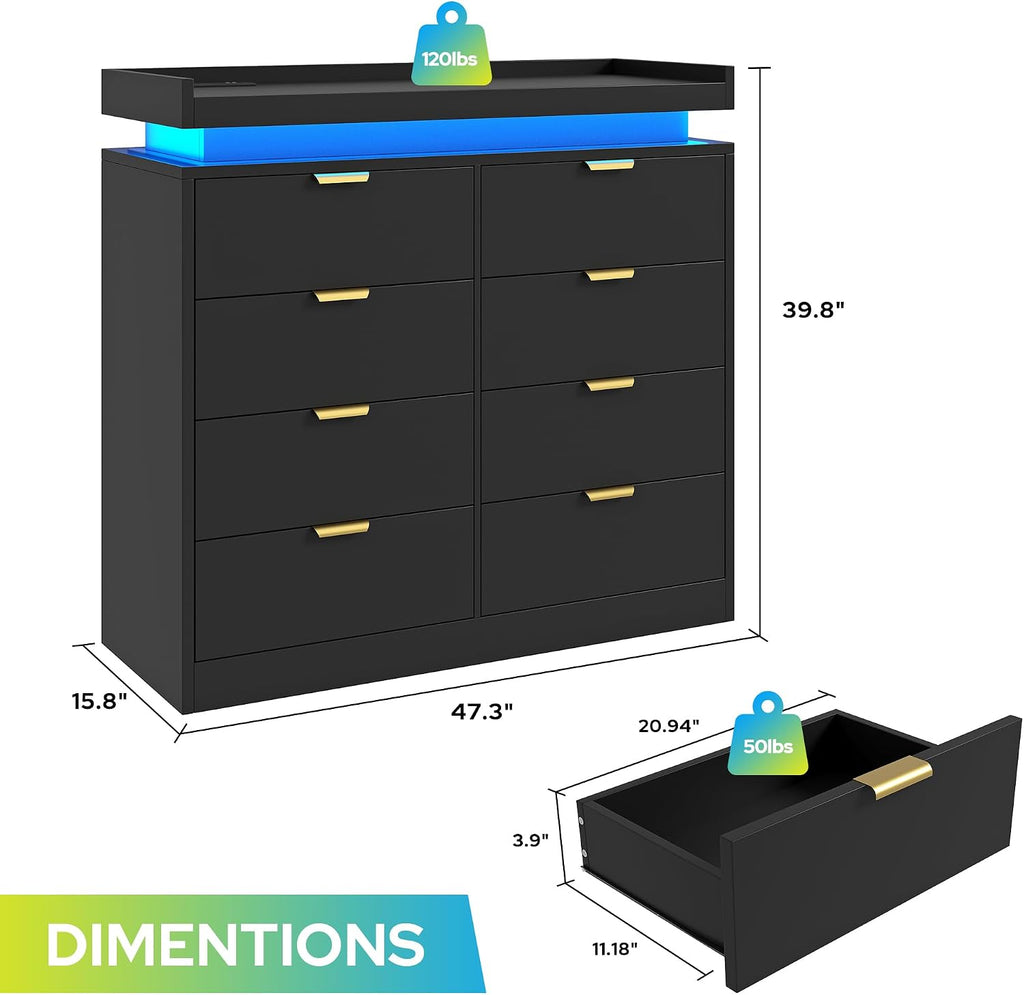 knoworld 8 Drawer Dresser for Bedroom, Black Dresser with LED Lights and Power Outlet, Large Wooden Dressers Modern Chest of Drawers, Double Wide 9 Drawer Dressers for Bedroom, Entryway, Hallway