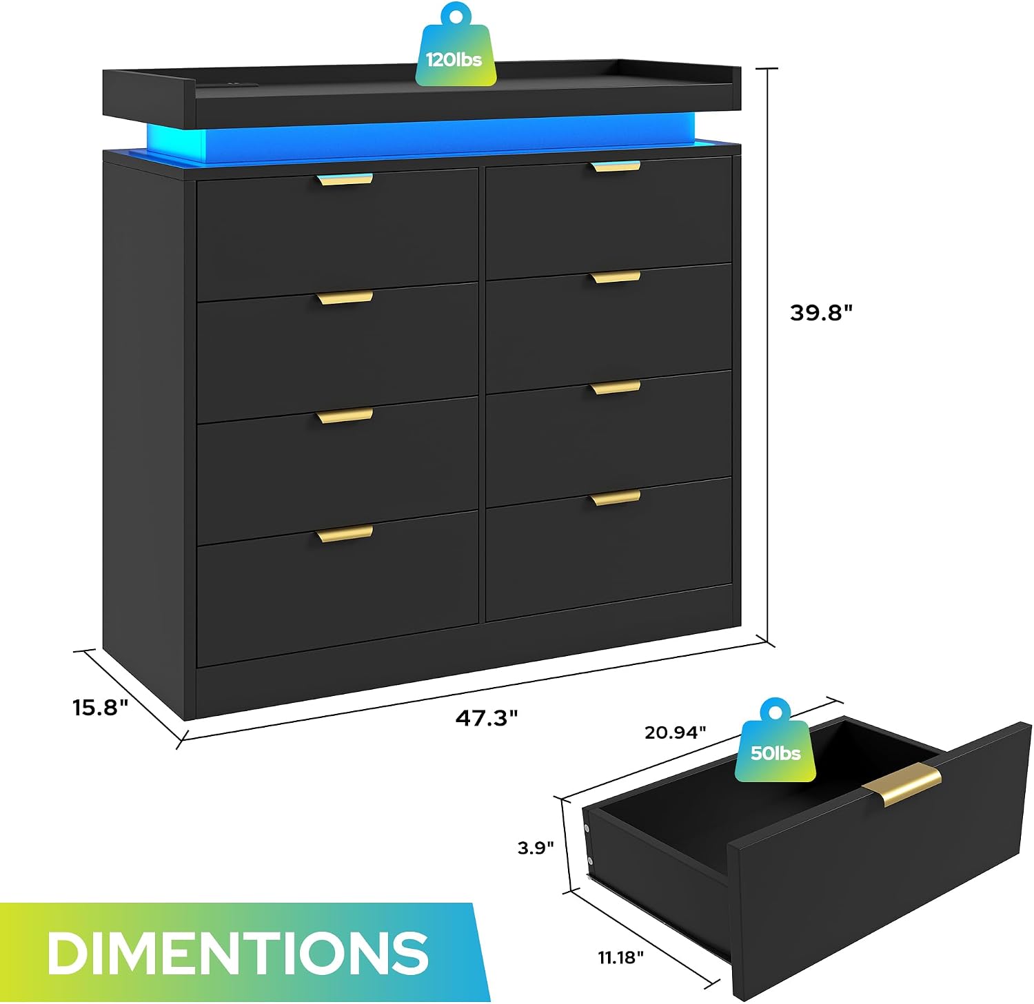 knoworld 8 Drawer Dresser for Bedroom, Black Dresser with LED Lights and Power Outlet, Large Wooden Dressers Modern Chest of Drawers, Double Wide 9 Drawer Dressers for Bedroom, Entryway, Hallway