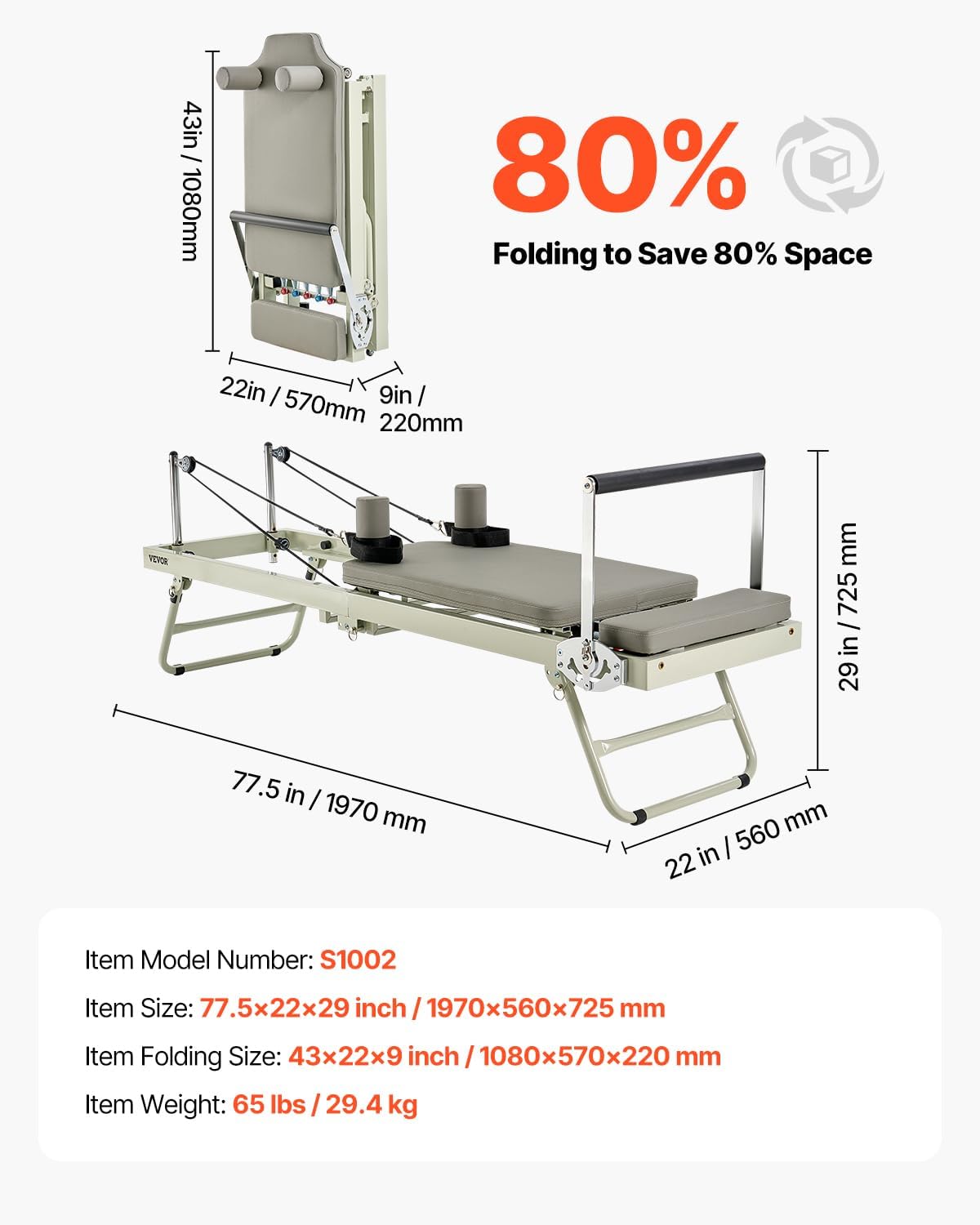 VEVOR Pilates Reformer Foldable, Suitable for Intermediate and Beginners Users, Pilates Equipment for Home Gym Studio Use with 4 Adjustable Resistance Spring, Up to 400 LBS