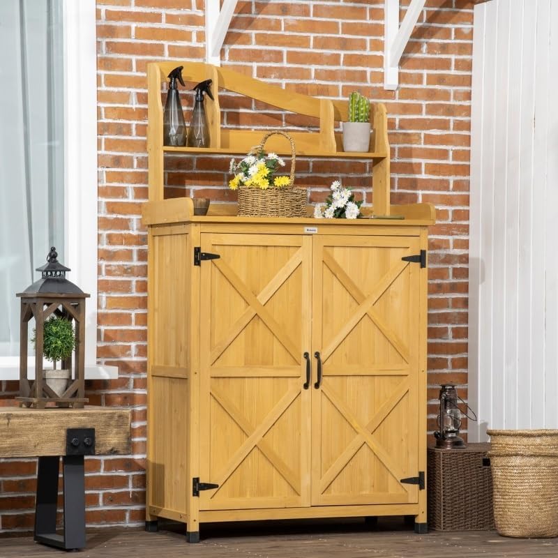 Outdoor Storage Cabinet & Potting Table,Wooden Gardening Bench W/Patio and Magnetic Doors,for Backyard Gardens(D)