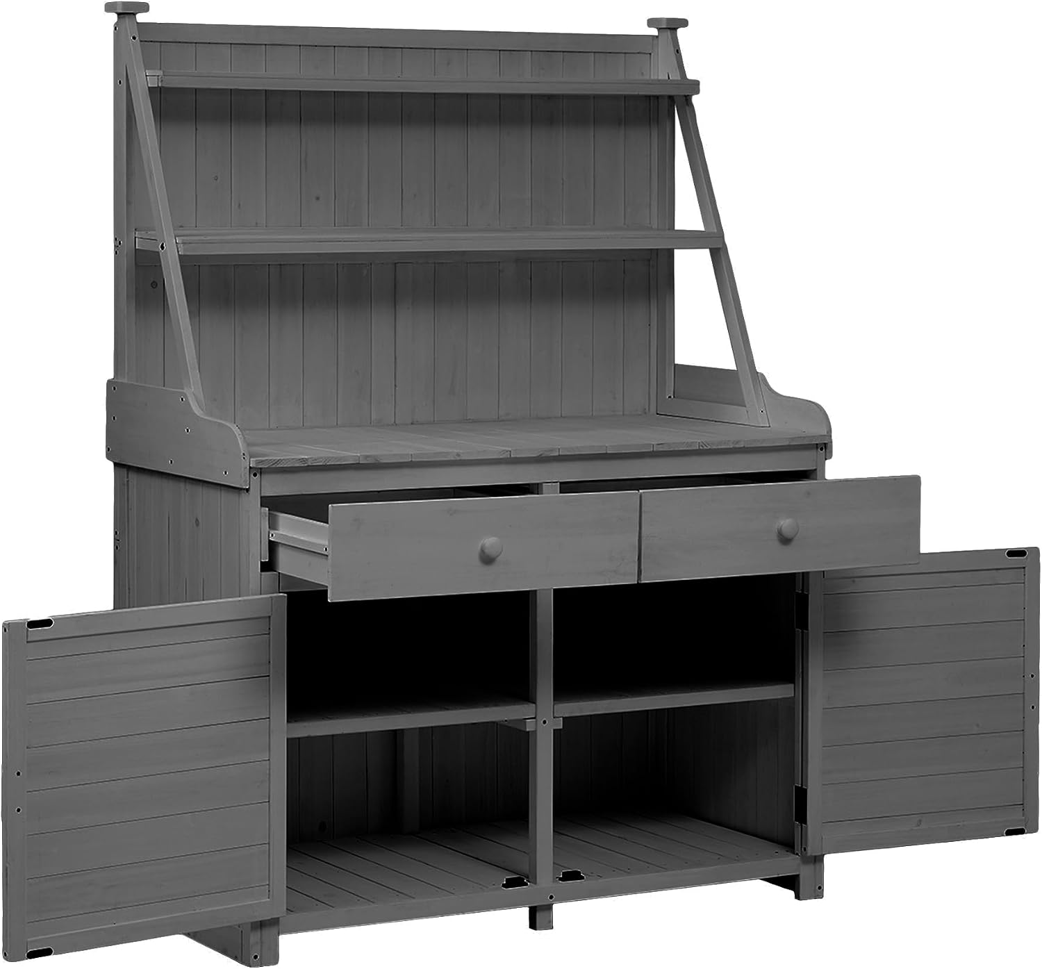 Merax 65' Outdoor Potting Bench Table, Wooden Gardening Table Workstation with Storage Shelf, Drawer, Cabinet, Planting Table Garden Work Bench for Patio, Gray