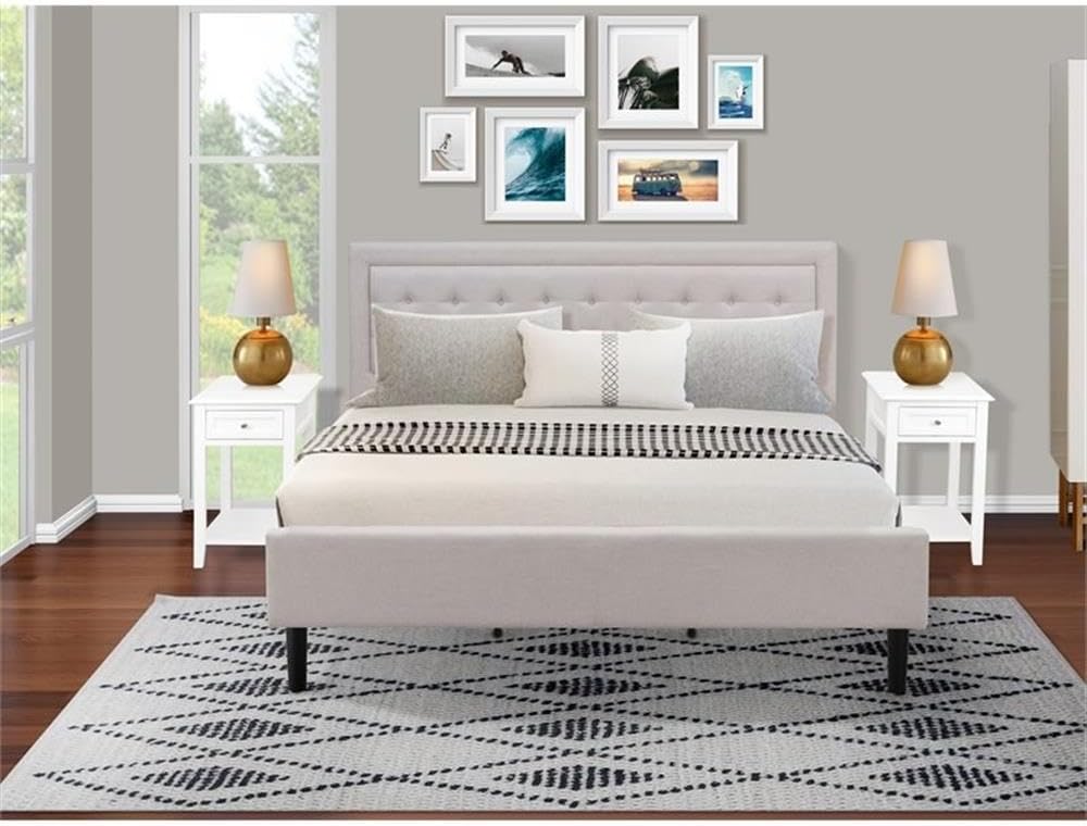 East West Furniture FN08K-2DE05 3-Piece Platform King Size Bedroom Set with 1 King Size Bed Frame and 2 Bedroom Nightstands - Reliable and Sturdy Construction - Mist Beige Linen Fabric