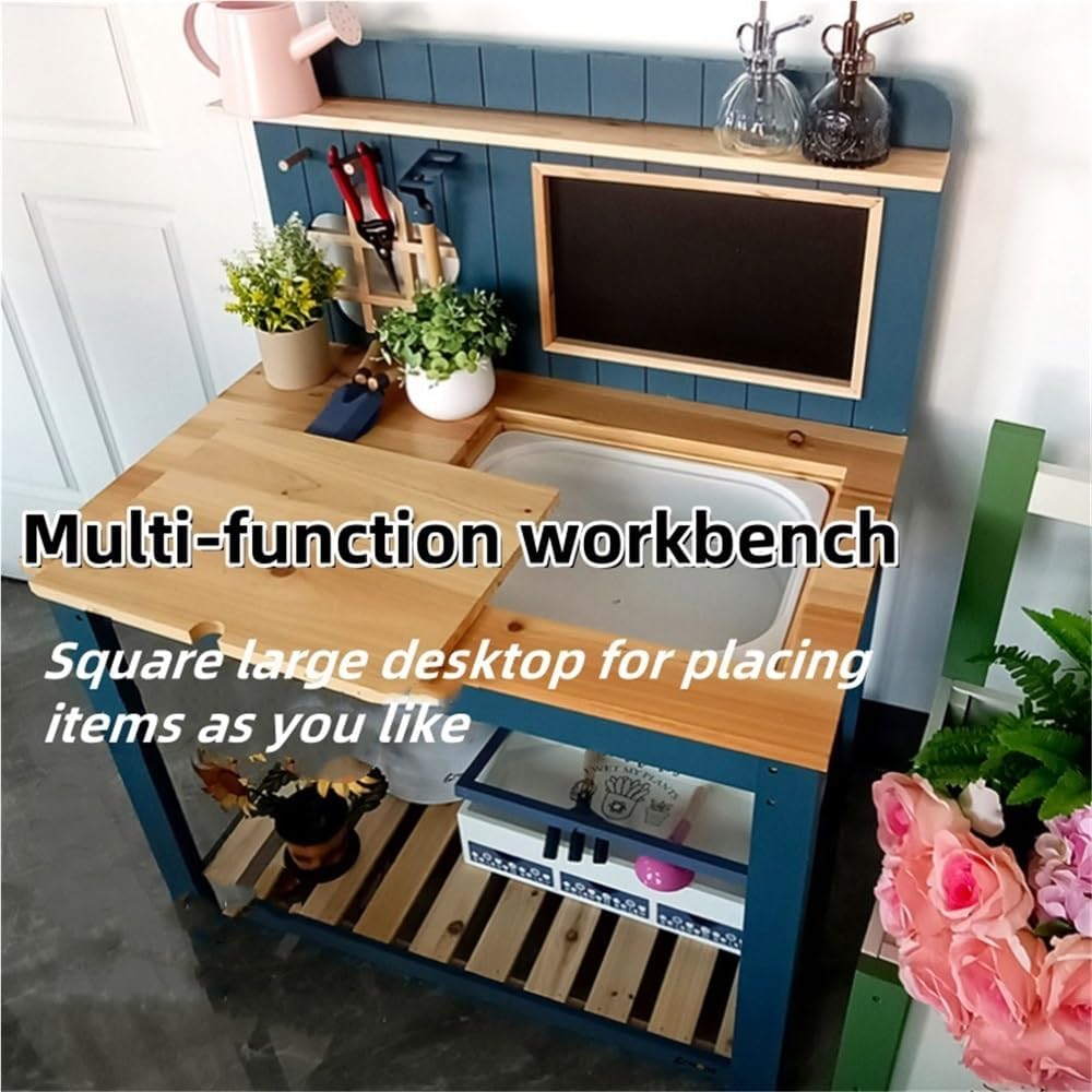 Solid Wood Potting Bench, 2 Tier Potting Table with Sink and Hooks, Outdoor Potting Bench for Garden, Yard, Balcony, Garden Table with Storage, Gardening Bench with Blackboard(Green)