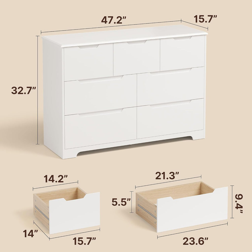 Gizoon 7 Drawer Dresser, 48' Wide White Dresser for Bedroom, Chest of Drawers with Handle Free Design, Modern Storage Organizer for Living Room, Kids Room, Entryway, Hallway, White