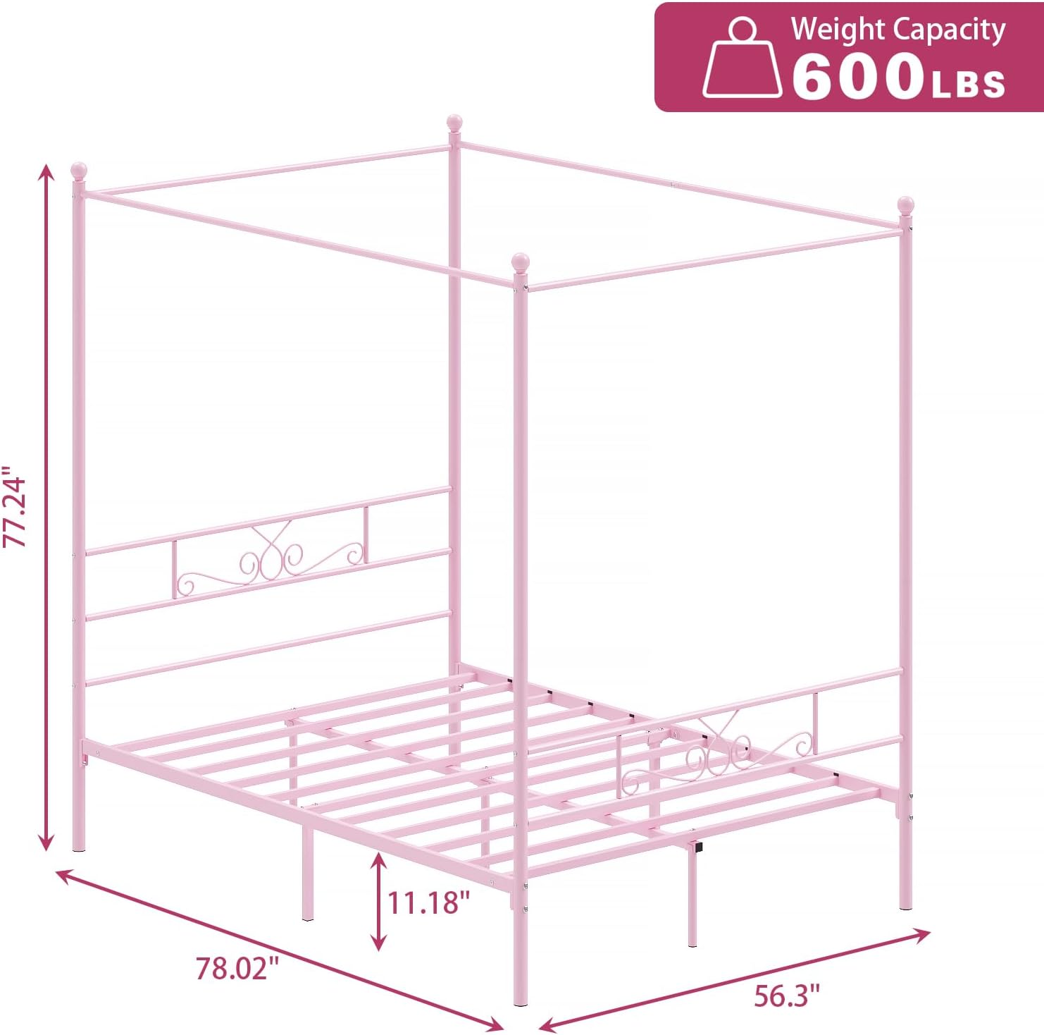 Weehom Full Canopy Bed Frame with Headboard and Footboard, 4 Posters Metal Bed Frame, No Box Spring Needed, Mattress Foundation Platform Bed for Kids and Adults, Pink