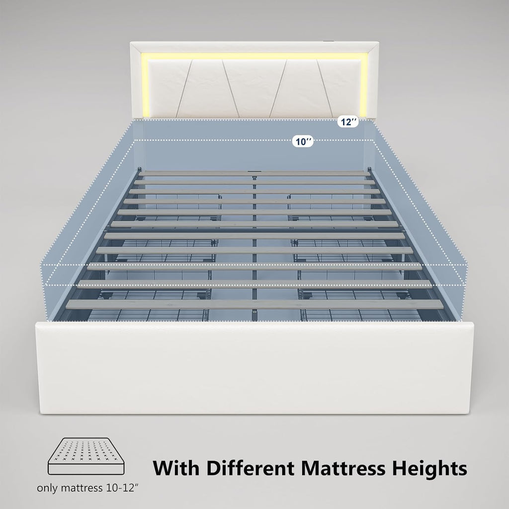 Queen Bed Frame with Adjustable Headboard, Upholstered Platform Bed with RGB LED Lights, 4 Storage Drawers & Charging Station (1 USB 1 Type-C), PU Leather Headboard, Noise-Free, No Box Spring Needed