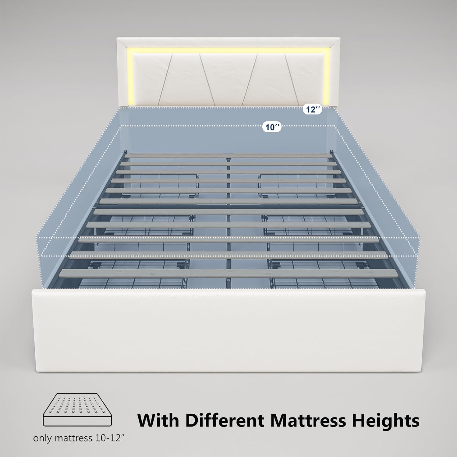 Queen Bed Frame with Adjustable Headboard, Upholstered Platform Bed with RGB LED Lights, 4 Storage Drawers & Charging Station (1 USB 1 Type-C), PU Leather Headboard, Noise-Free, No Box Spring Needed