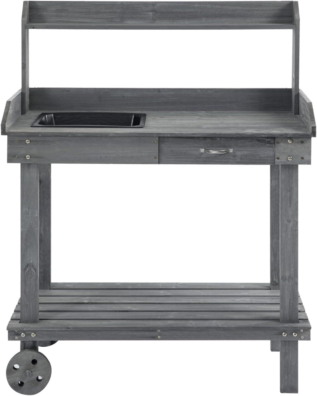 36' Wooden Potting Bench Work Table with 2 Removable Wheels, Sink, Drawer & Large Storage Spaces, Gray