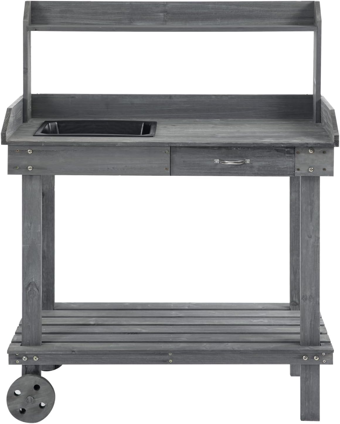 36' Wooden Potting Bench Work Table with 2 Removable Wheels, Sink, Drawer & Large Storage Spaces, Gray