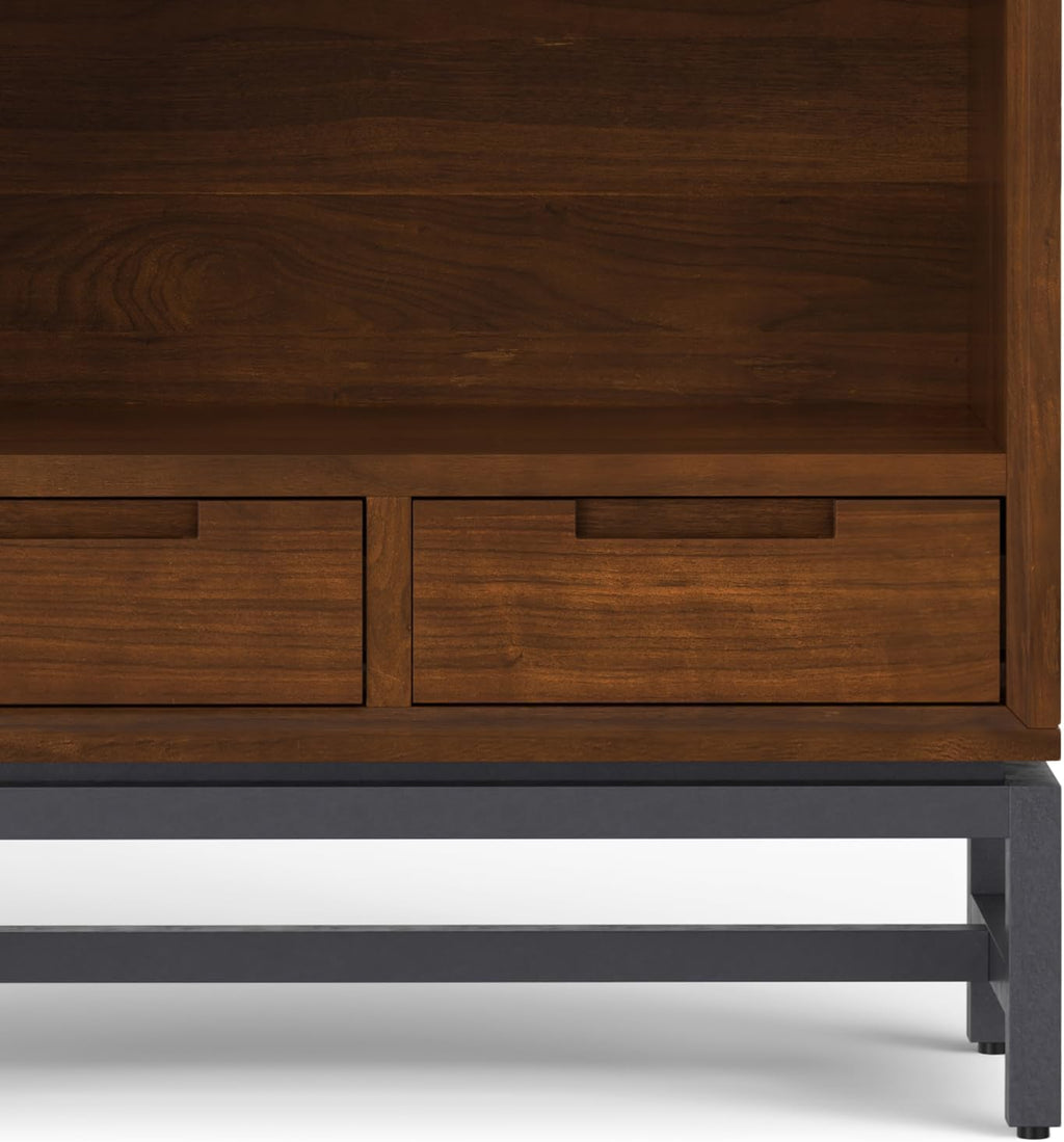 SIMPLIHOME Banting Bookcase - 66 inch Tall Solid Walnut Veneer and Metal Bookshelf, Industrial Storage for Living Room, Study Room or Office with Open Shelves and Metal Frame