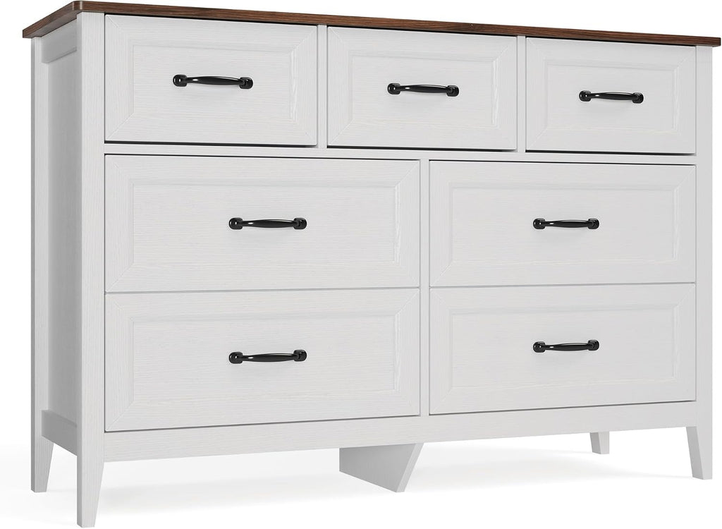 Gizoon Farmhouse 7 Drawers Dresser, White Chest of Drawers with Metal Handles, 47' Wide Wooden Storage Organizer for Bedroom, Hallway, Living Room, Tabletop-Retro