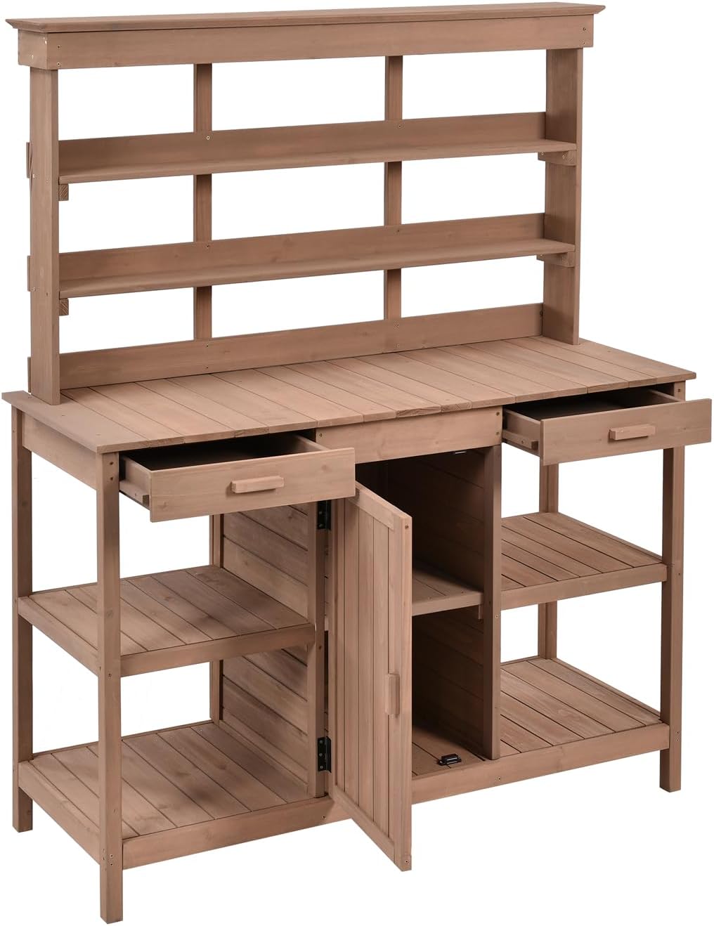 Outdoor Garden Potting Bench Table - 66' Large Wooden Potting Bench Table Garden Workstation with 2 Drawers, Cabinet and Open Shelves for Backyard, Mudroom, Brown