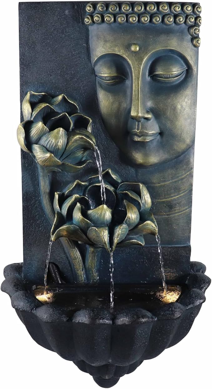 Cheng Pin Cascading Lotus Buddha Statue Zen Water Fountain with LED Lights & Pump Best for Wall Decor, Flowing Water Create Relaxing Atmosphere for Home, Patio,Garden, Backyard,32.3'' Tall