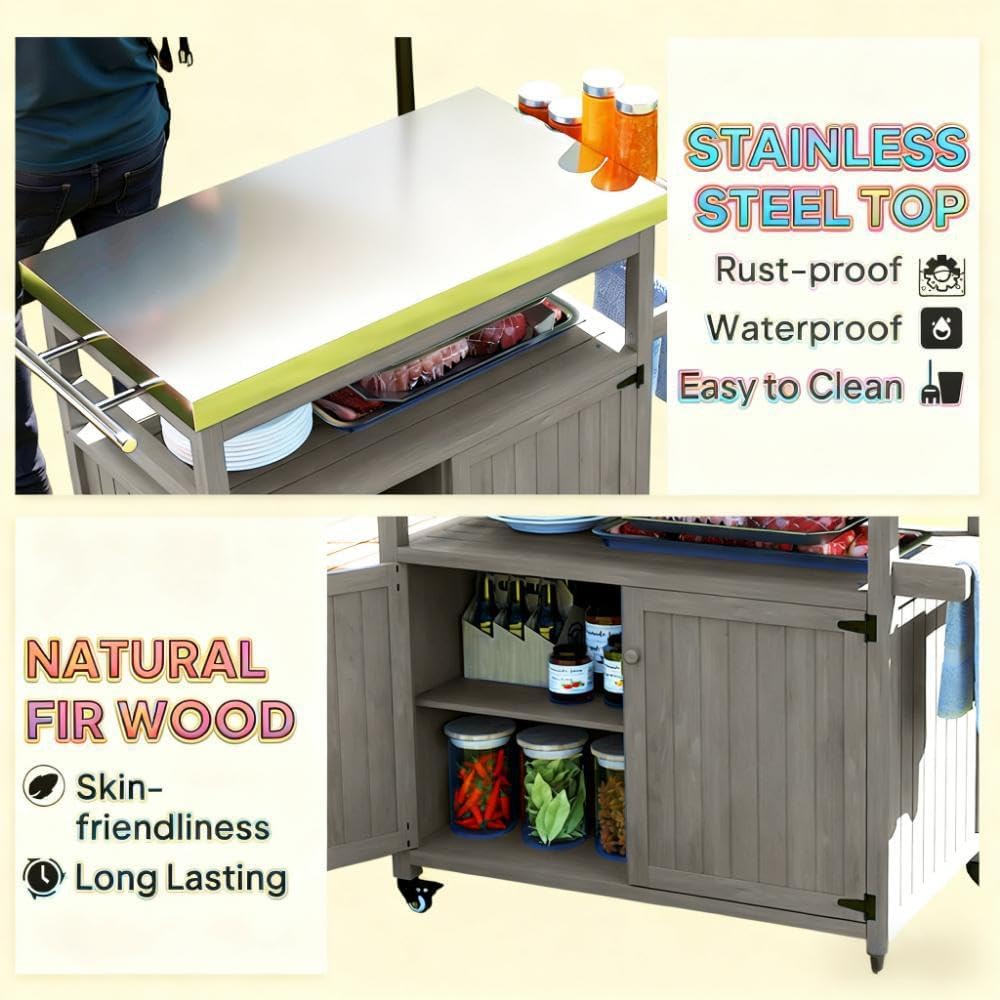 Outdoor Grill Table with Stainless Steel Top, Solid Wood Kitchen Island with Wheels, Spice Rack and Towel Holder, Outdoor Serving Cart Potting Table for Patio, BBQ, Kitchen, Grey