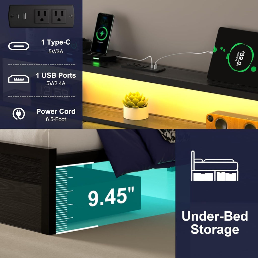 Queen Bed Frames with Storage Drawer, Platform Bed with Charging Station and LED Lights, Upholstered Headboard with 2-Tier Storage Shelves, No Box Spring Needed