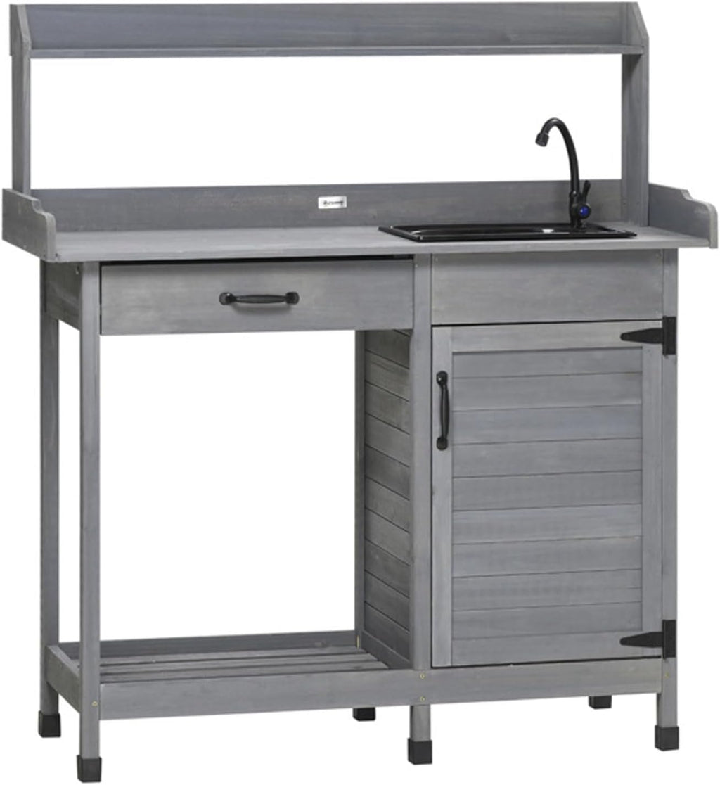 Gray Potting Bench Table with Removable Sink and Faucet, Wooden Outdoor Potters Benches with Storage Cabinet, Drawer, Top Shelves, Hooks, Garden Workstation for Outside Lawn Patio