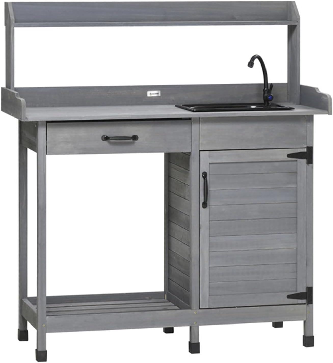 Gray Potting Bench Table with Removable Sink and Faucet, Wooden Outdoor Potters Benches with Storage Cabinet, Drawer, Top Shelves, Hooks, Garden Workstation for Outside Lawn Patio