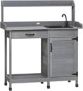 Wooden Outdoor Potters Benches with Removable Sink and Faucet, Gray Potting Bench Table with Storage Cabinet, Drawer, Top Shelves, Hooks, Garden Workstation for Outside Lawn Patio