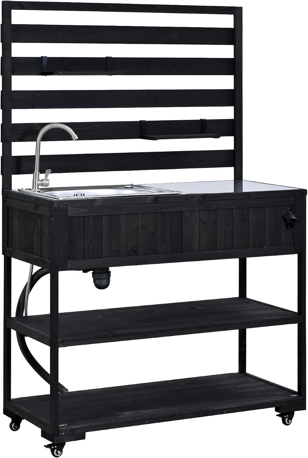 Merax 41.7'' W Outdoor Kitchen Island with Sink, Garden Potting Bench with Stainless Table Top, Rolling Grill Cart with Adjustable Shelves and 1 Bottle Opener,Black
