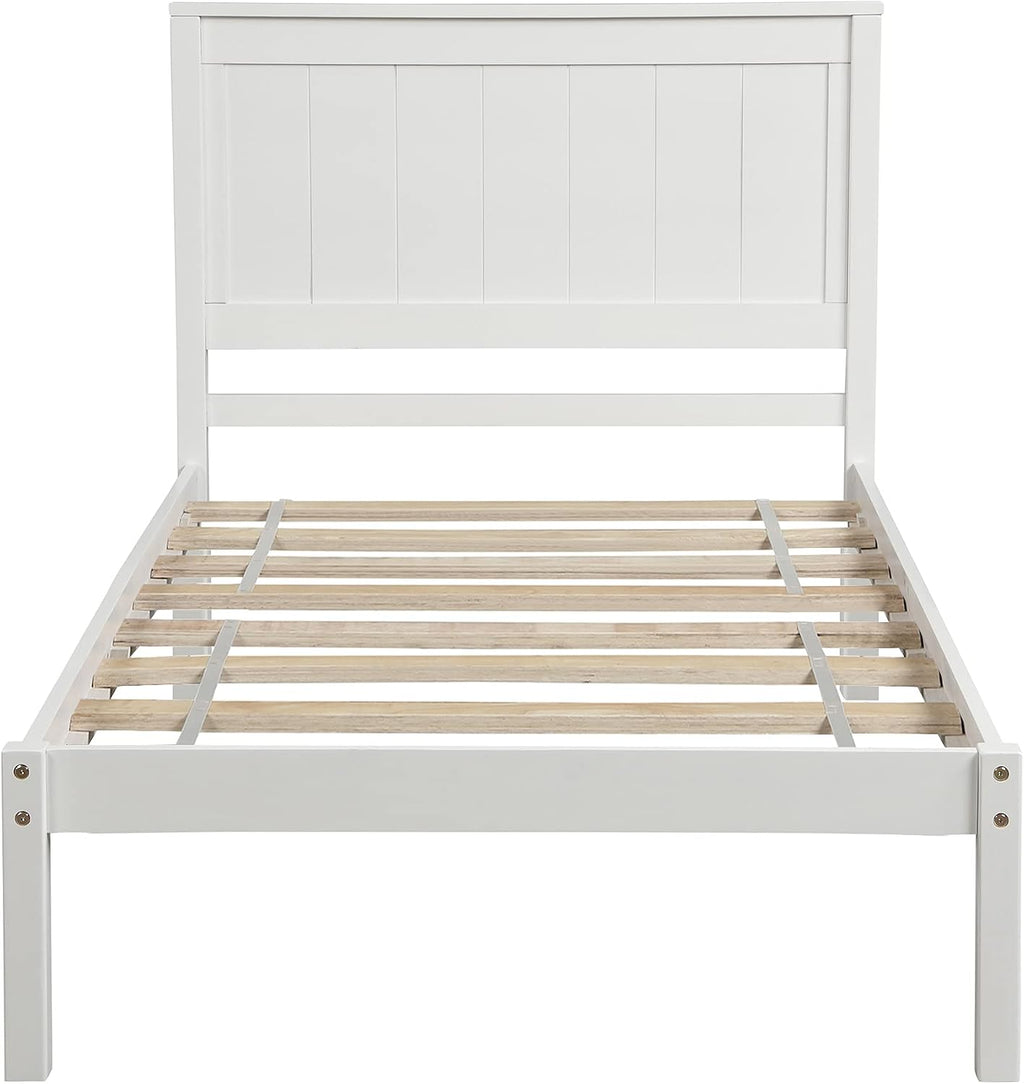 Twin Size Wood Bed Frame and Headboard, Modern Retro White Platform Beds Frames, Sturdy and Durable Design Mid Century Rustic Wooden Bedroom Set, No Box Spring Needed (White, Twin)
