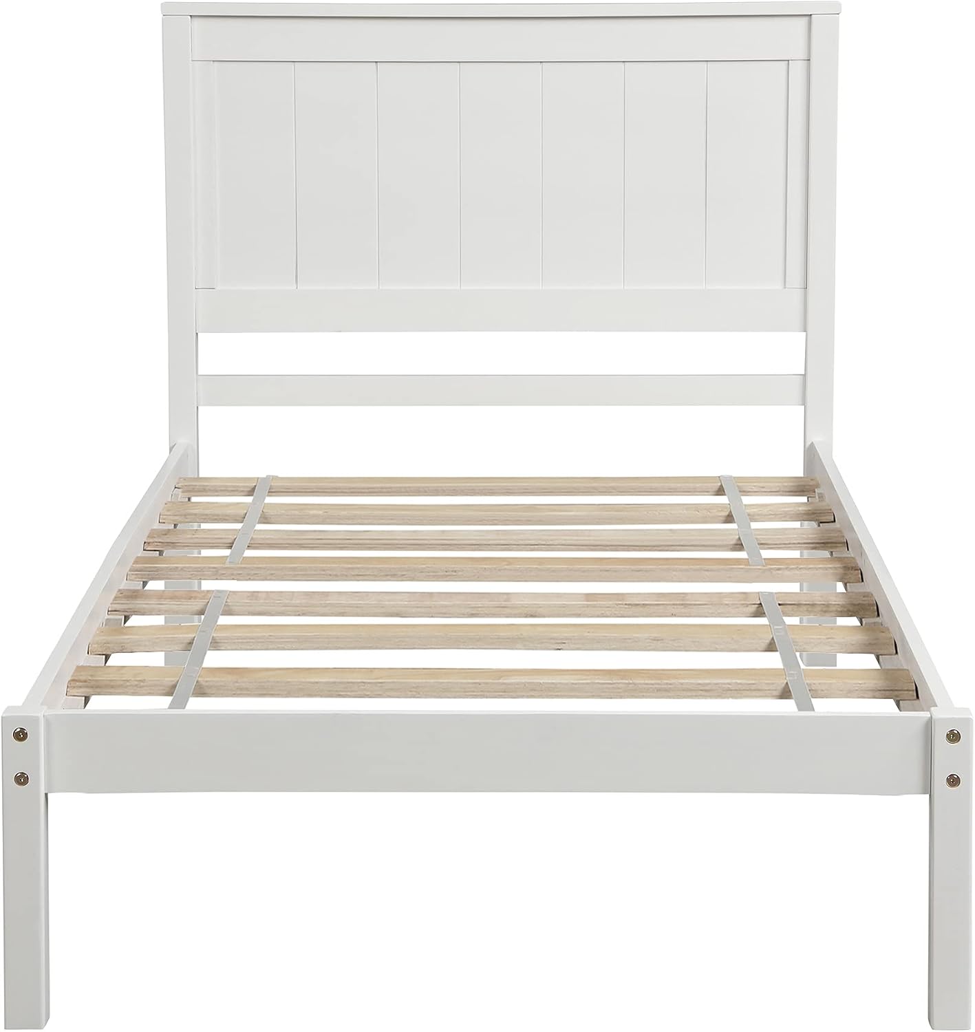 Twin Size Wood Bed Frame and Headboard, Modern Retro White Platform Beds Frames, Sturdy and Durable Design Mid Century Rustic Wooden Bedroom Set, No Box Spring Needed (White, Twin)