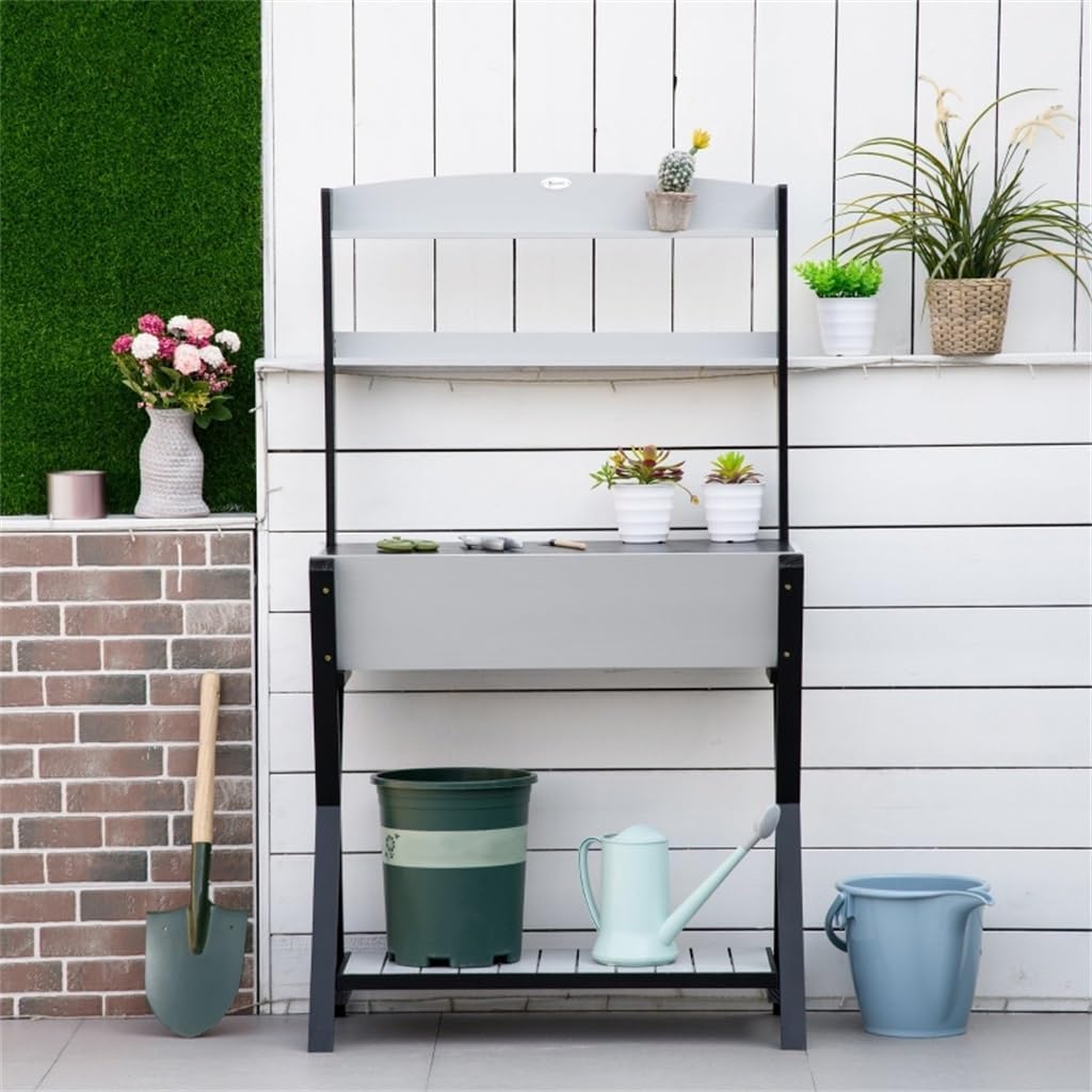 Potting Bench Table Garden Workstation with Hidden Storage Box and Shelves for Outdoor Backyard Gardens