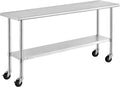 ROCKPOINT Stainless Steel Table for Prep & Work with Caster Wheels 18x72 Inches, NSF Metal Commercial Kitchen Heavy Duty Table with Adjustable Under Shelf and Table Foot for Restaurant, Home and Hotel