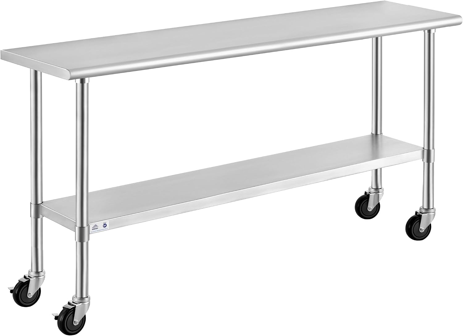 ROCKPOINT Stainless Steel Table for Prep & Work with Caster Wheels 18x72 Inches, NSF Metal Commercial Kitchen Heavy Duty Table with Adjustable Under Shelf and Table Foot for Restaurant, Home and Hotel