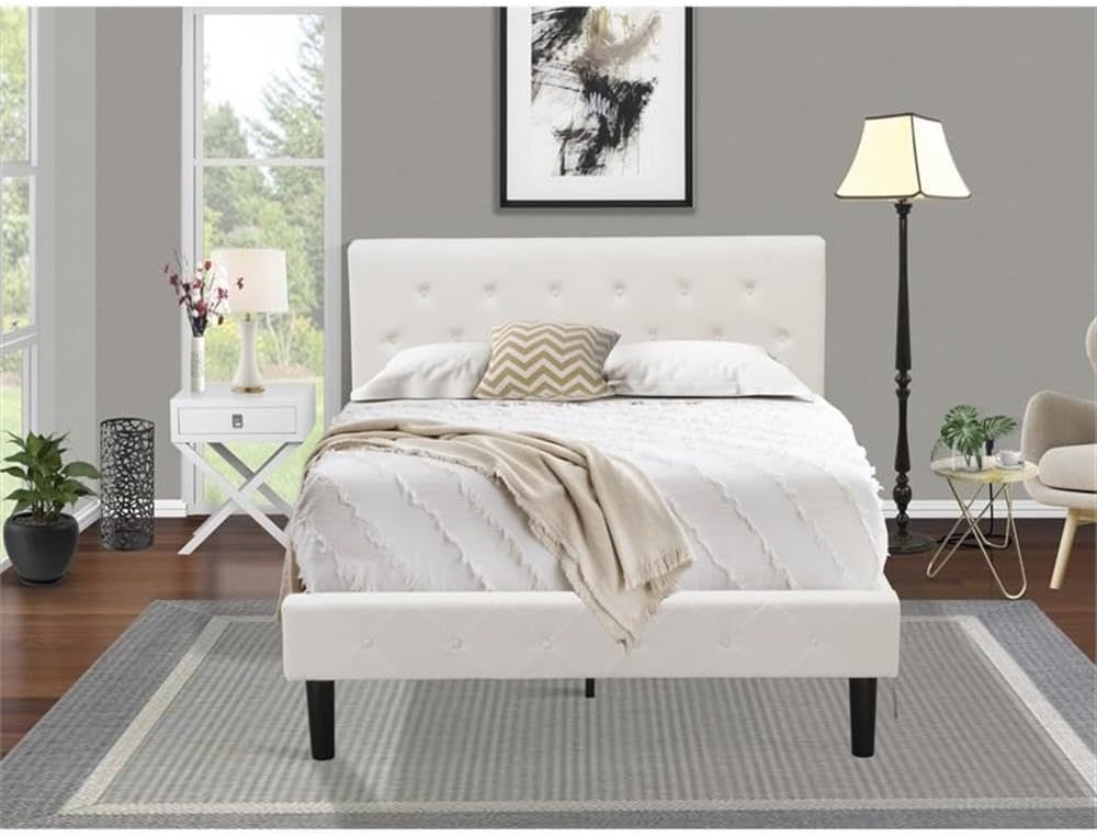 East West Furniture NL19F-1HA14 2 Piece Bedroom Set - Full Size Button Tufted Platform Bed Frame - Linen white Velvet Fabric Upholstered Headboard and an Urban Gray Finish Nightstand