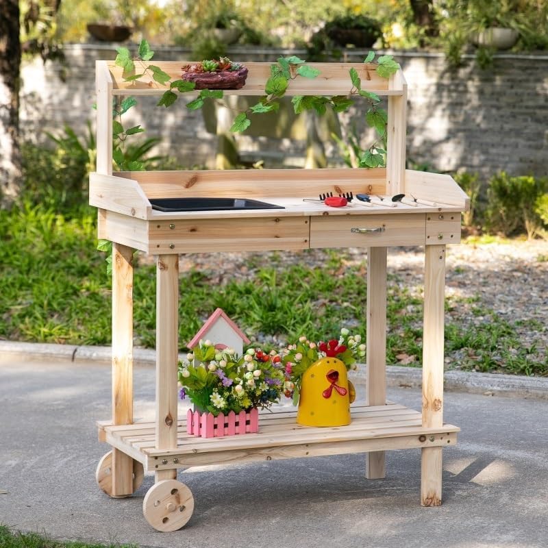 36'' Wooden Potting Bench Work Table with Removable Wheels, Sink, Drawer & Large Storage Spaces,for Outdoor Backyard