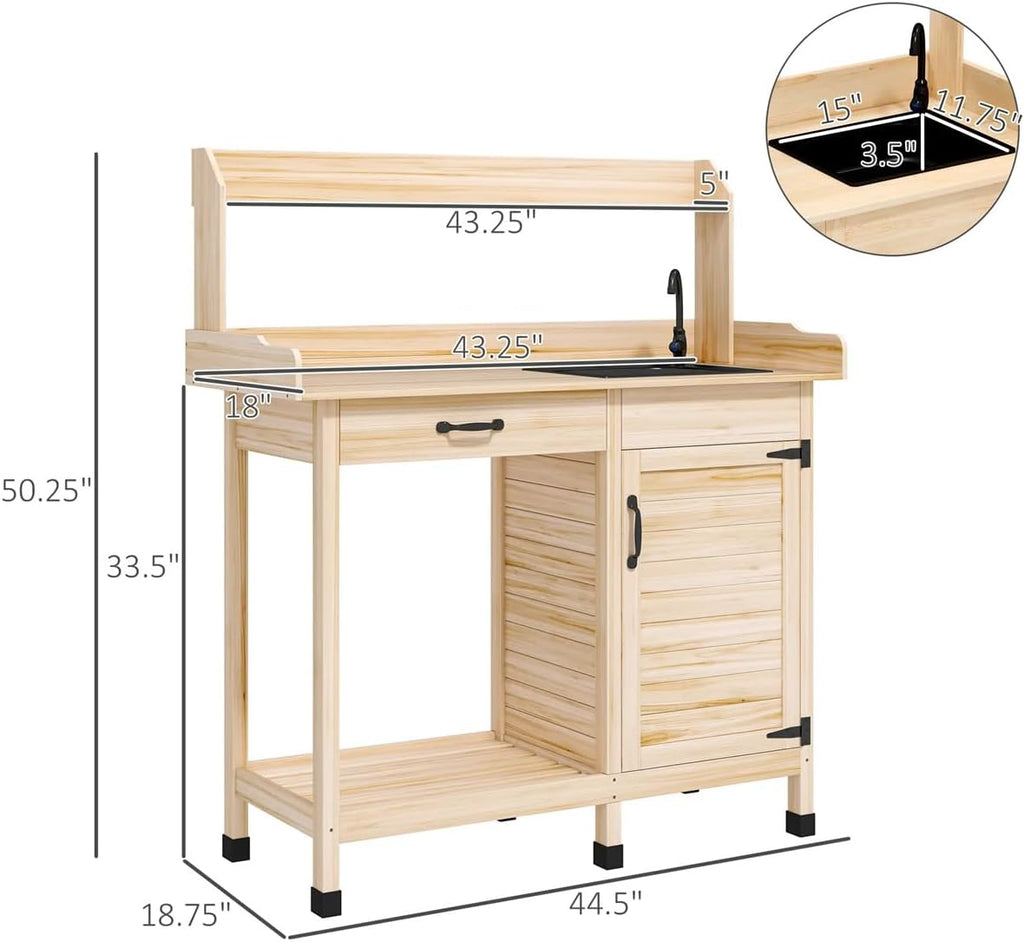 Outdoor Potting Bench with Storage Cabinet, Sink, Faucet and Hooks (Natural, 44.5' Length)