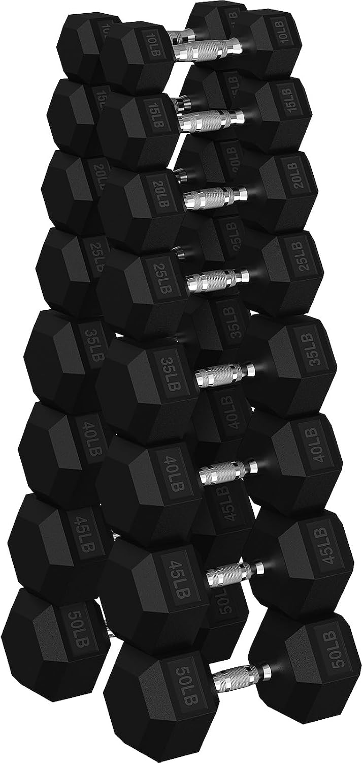 HANDBODE Hex Dumbbell 45-640 lb Set, Rubber Encased Exercise & Fitness Dumbbells for Home Gym, Hand Weights for Strength Training