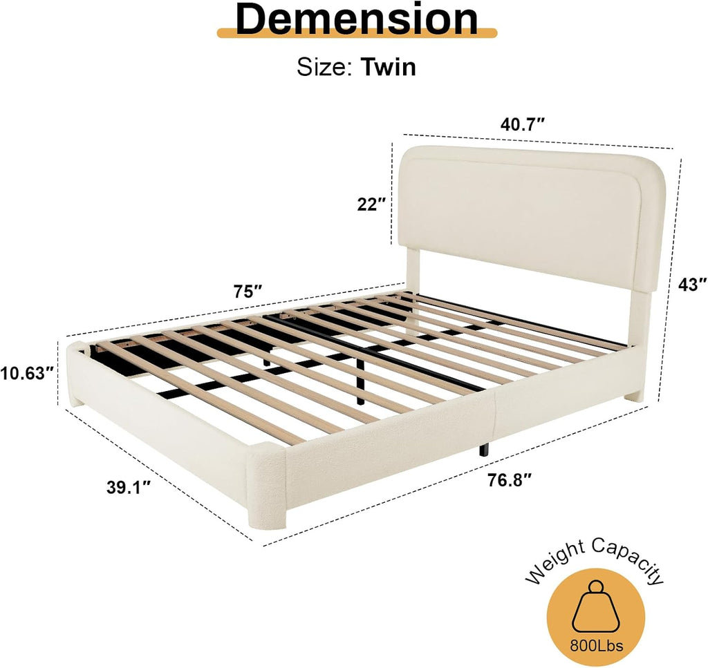 WEUP Twin Size Boucle Bed Frame, Upholstered Cloud Bed Frame with Headboard, Soft Rounded Corners, No Box Spring Required, Adjustable Headboard, Easy Assembly，Cream
