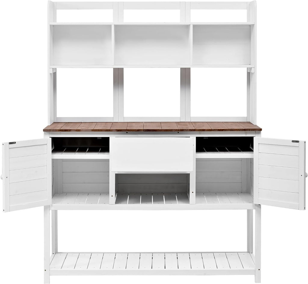 Outdoor Potting Bench Table, Solid Fir Wood Garden Workstation with Hutch, Drawer & Adjustable Shelves, Outdoor Planting Table for Gardening Backyard (White-N, 66.1''H)