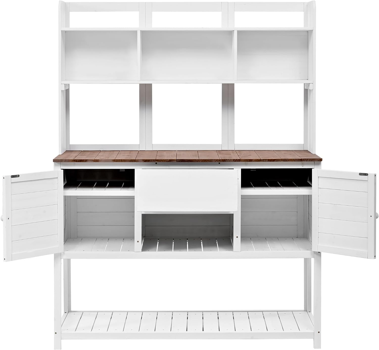 Outdoor Potting Bench Table, Solid Fir Wood Garden Workstation with Hutch, Drawer & Adjustable Shelves, Outdoor Planting Table for Gardening Backyard (White-N, 66.1''H)