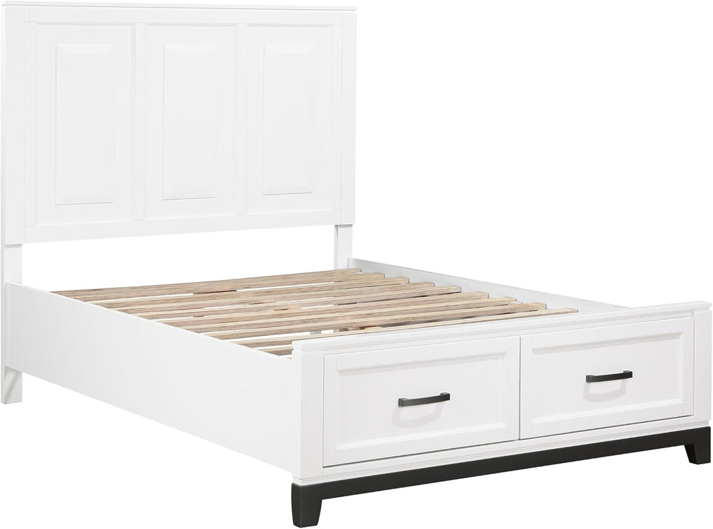 3-Pc Set Bedroom Full Size White Platform Bed w Footboard Drawers Wooden Rustic Style Furniture