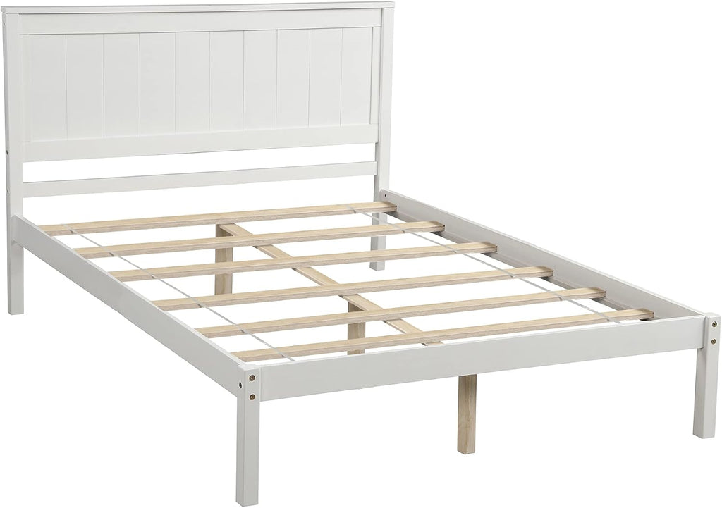Full Size Platform Bed Frame with Headboard,Bedroom Stylish Bed W/Wood Slat Support & No Box Spring Required,Easy to Assemble,for Kids Teens Girls Boys,White