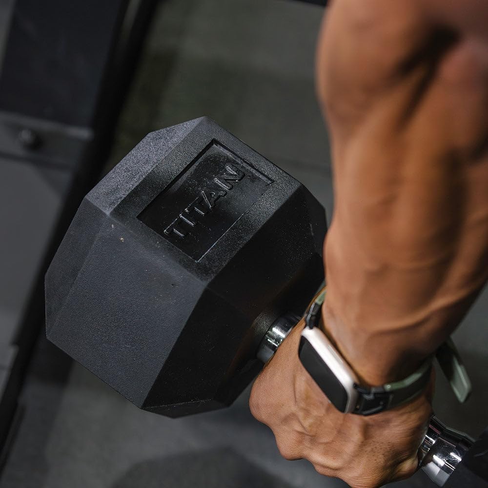 Titan Fitness Pair Rubber Coated Hex Dumbbells, Roll-Resistant Hexagonal Free Weights, Chrome-Coated Handles with Knurling, Strength Training Equipment