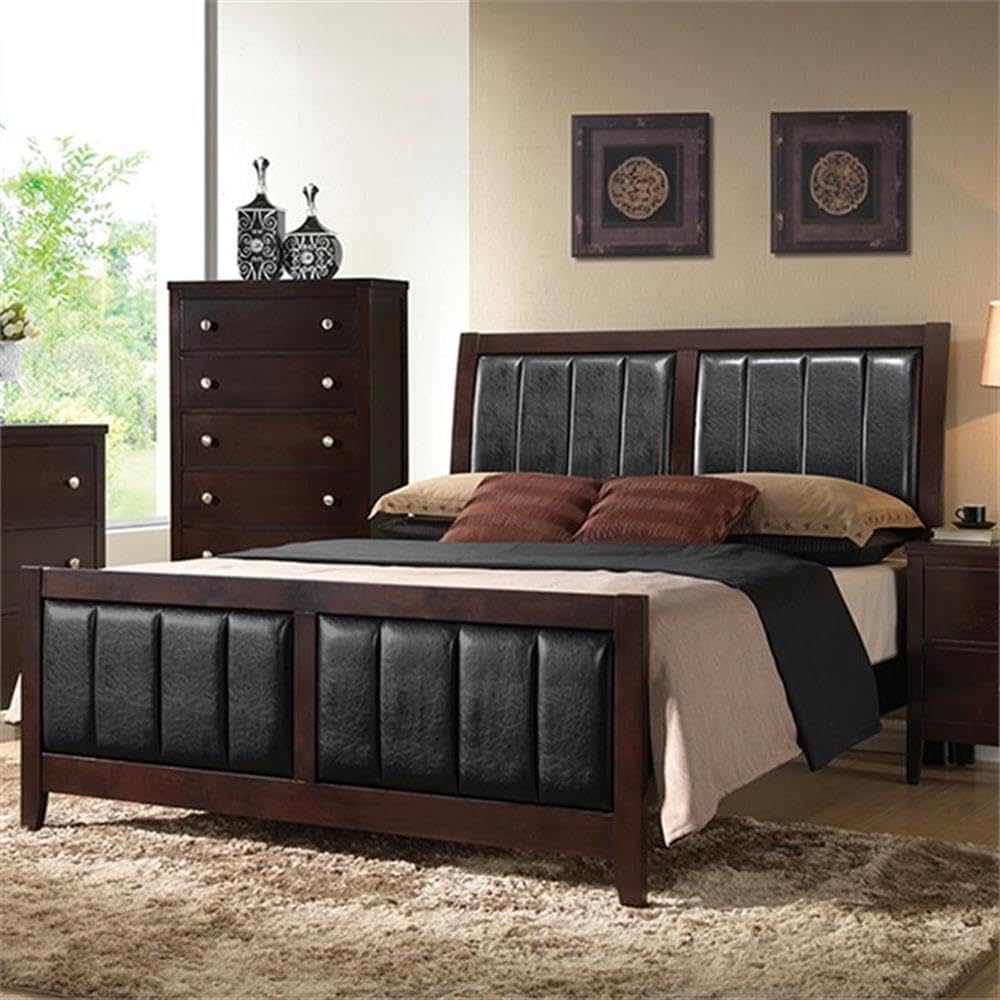 Coaster Carlton Eastern King Size Panel Bed with Black Padded Leatherette Tapered Legs Solid Wood and Veneers Construction, In Cappuccino