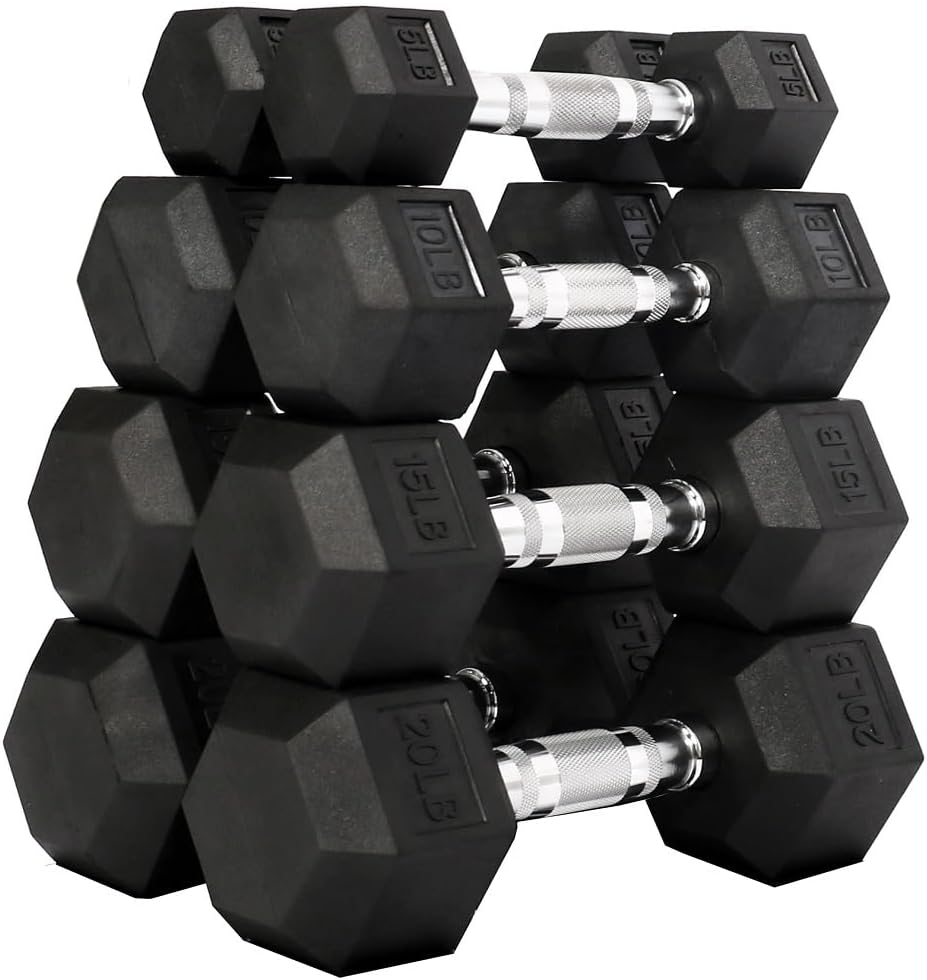 Fitvids Rubber Encased Hex Dumbbell Set Contoured Handle for Muscle Toning, Strength Building & Full Body Workout, 60LB, 100LB, 150LB and 550LB Set