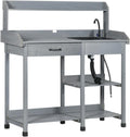 Outdoor Potting Bench Table Wooden Potters Benches Table with Removable Sink, Faucet, Drawer, Open Shelves, Hooks, Outside Lawn Patio Garden Workstation, Gray