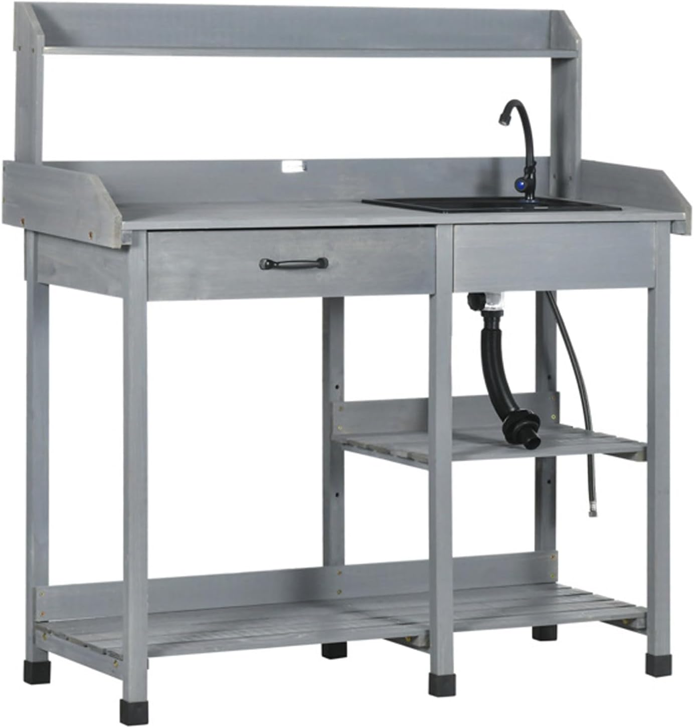 Outdoor Potting Bench Table Wooden Potters Benches Table with Removable Sink, Faucet, Drawer, Open Shelves, Hooks, Outside Lawn Patio Garden Workstation, Gray