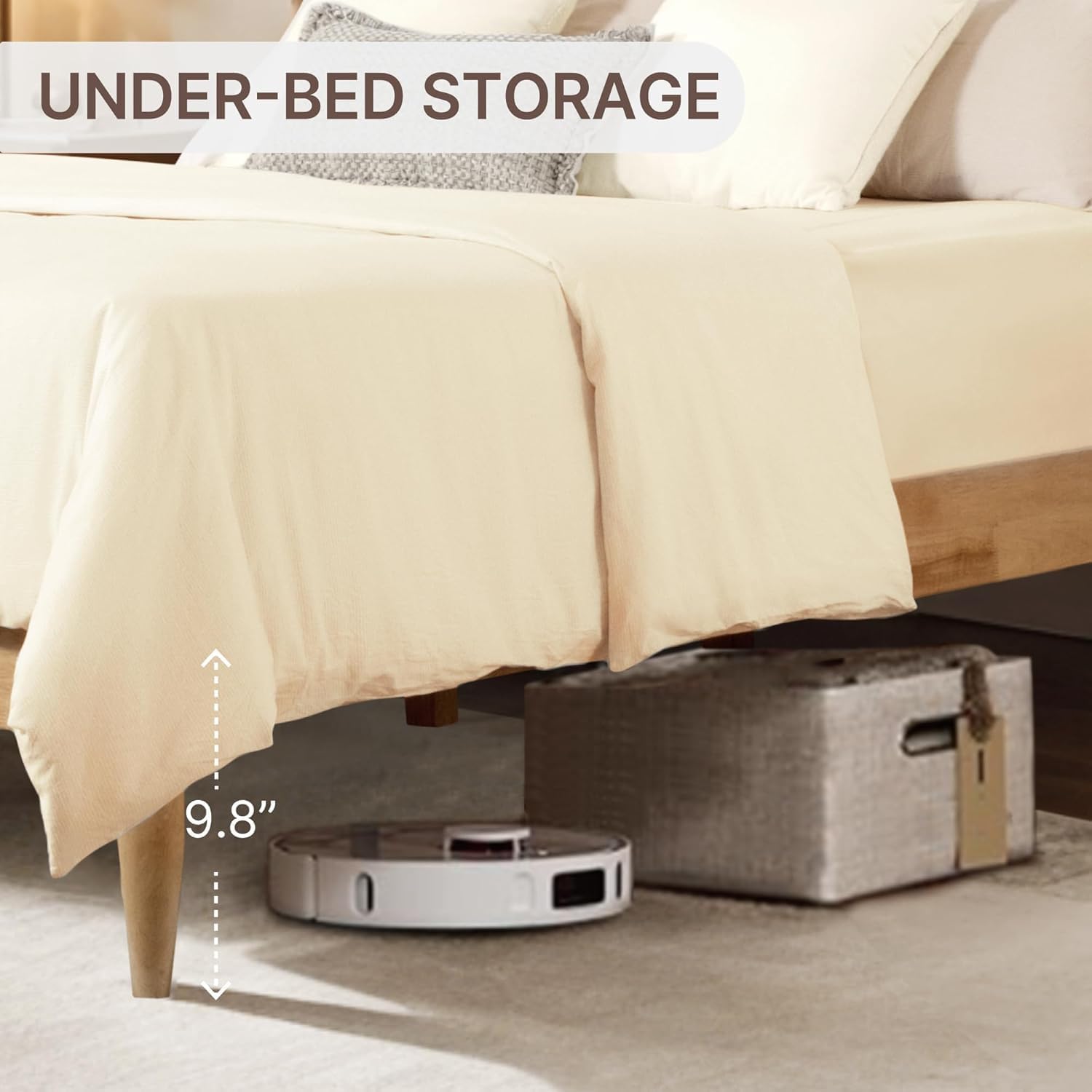 A Complete Set of Full-Size Furniture, Featuring A Wooden Bed Frame with Two Bedside Tables, Suitable for A Bedroom.(Cream)