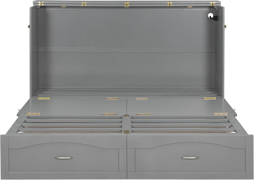 Merax Queen Size Murphy Bed Wall Bed with Drawer and a Set of Sockets & USB Ports, Pulley Structure Design, Gray