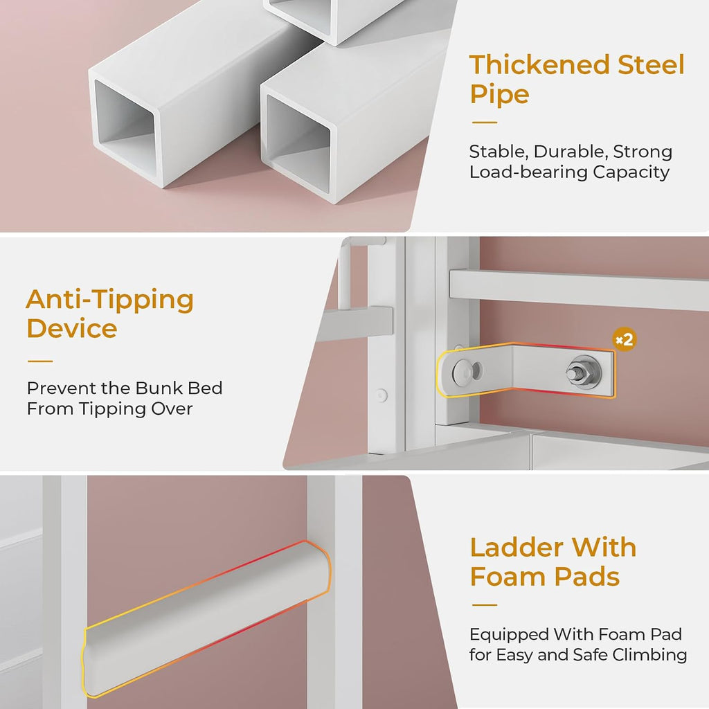 ADORNEVE Full Over Twin Bunk Bed with 8 Storage Drawers, Metal Loft Bed with Led Lights & Storage Shelves, Bunk Beds Twin over Full Size with 13.4' H Safety Guardrail & Ladder, for Kids & Teens, White