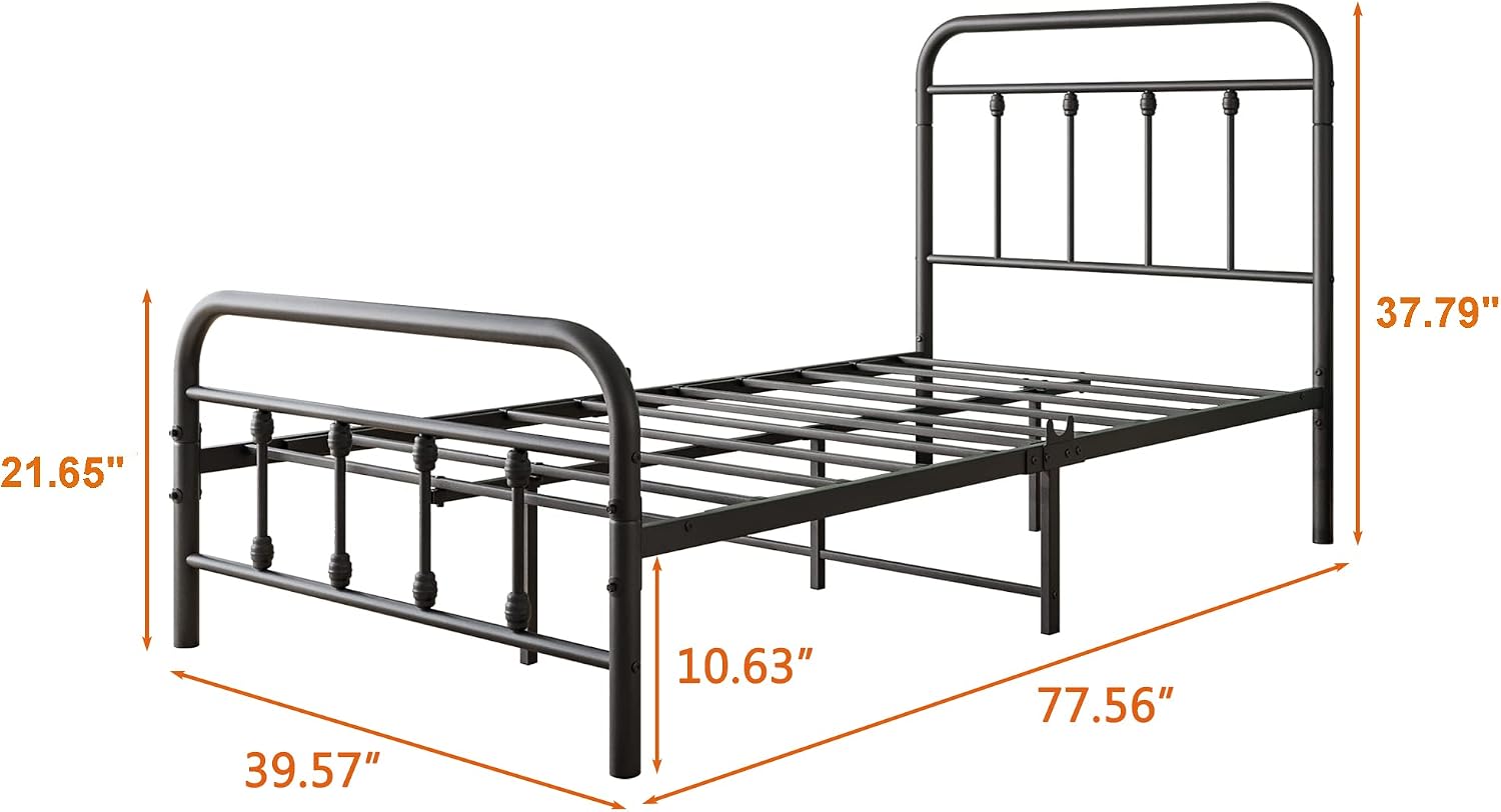 Vintage Twin Size Bed Frame with Headboard and Footboard Mattress Heavy Duty Metal Platform, Steel Slat Support (Twin, Black Sanded)