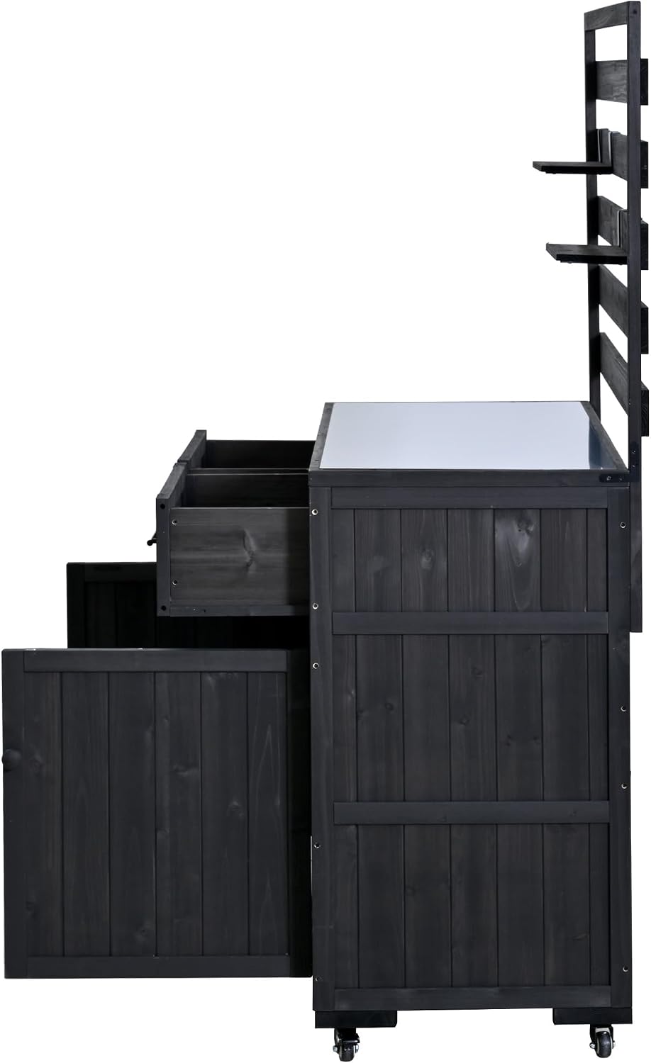 Merax 41.7'' W Patio Kitchen Island Solid Wood Kitchen Cart, Grill Prep BBQ Table, Garden Potting Bench with Stainless Table Top, 3 Movable Shelves and 2 Drawers,Black