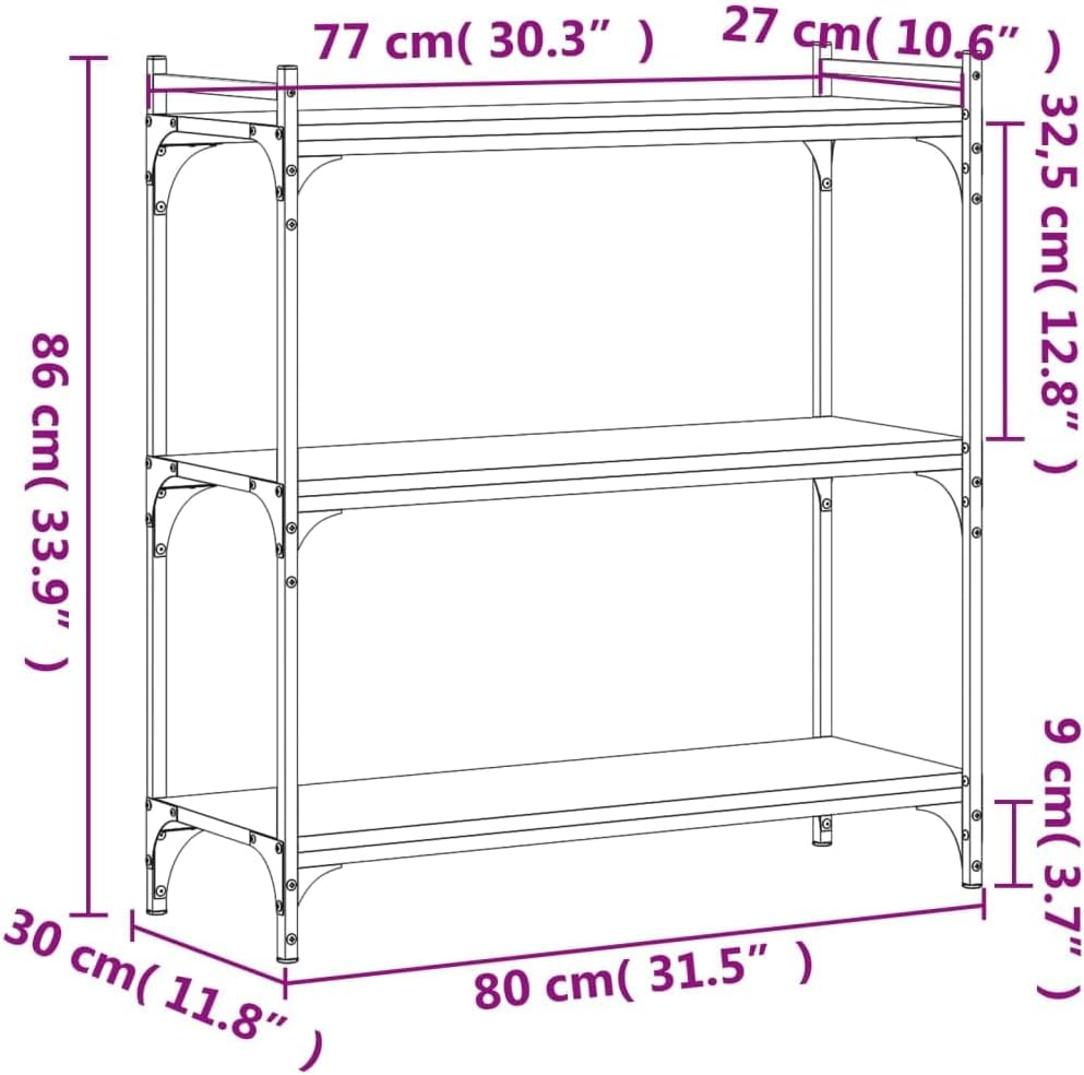 Black Engineered Wood Bookcase, 3-Tier Adjustable Shelves for Living Room, Sturdy Metal Frame Display Storage Unit with Matte Finish, 31.5' Wide